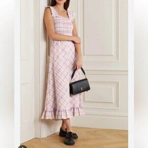 Ganni NWT EU 44 XL Smocked Seersucker Check Midi Dress Lilac Orchid Ruffle Strap